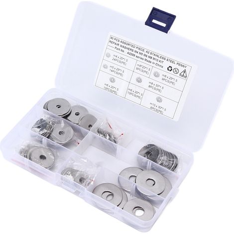 Penny 90-teiliges Set flacher Reparaturscheiben, 8 verschiedene Größen, Edelstahl 304, universell für Pkw und Lkw (1/5)