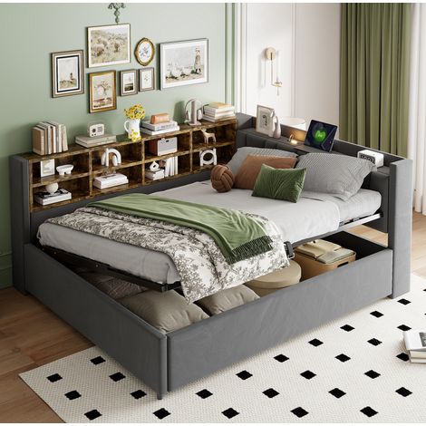 Letto a cassone adulti 140x200 cm con ripiani, vani portaoggetti, luce notturna, porta USB-Type-C, in velluto, senza materasso, grigio scuro (1/5)