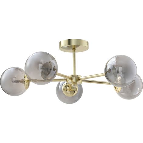 Plafoniera 5 sfere D. 58,5 x H. 21 cm in Metallo e Vetro fumé lucido Dorato - SOFIA