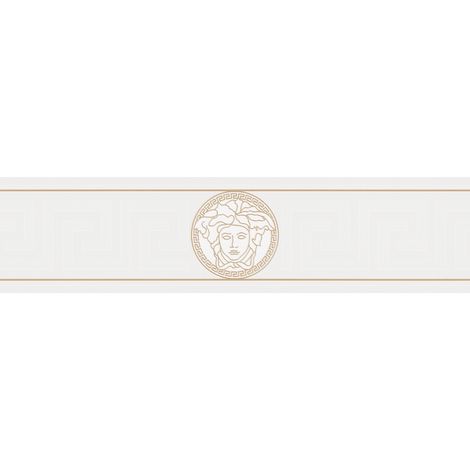 Frise murale élégante pour couloir & chambre adulte | Frise papier peint motif grec avec Médusa | Frise tapisserie chic blanc crème & or - 5,00 x 0,13 m (1/3)