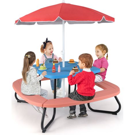 COSTWAY Kids Picnic Table HDPE Outdoor Table w/Height Adjustable Umbrella-Blue (1/5)