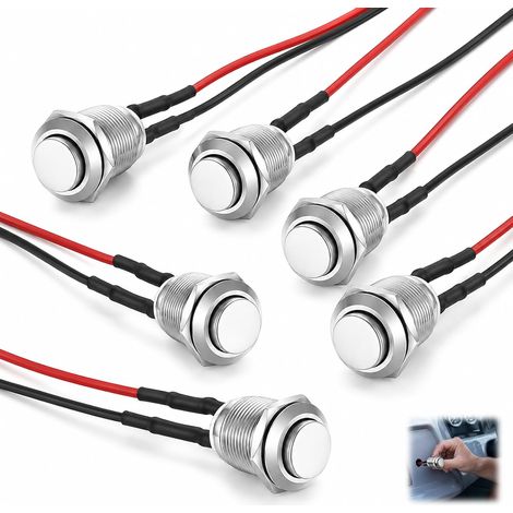 6 Pièces Bouton Poussoir Étanche 12mm, Interrupteur Étanche Métallique 12mm Pré-Câblé Tête Haute, IP65 Anti-Éclaboussures, 3A 12V 24V 125V 250V, Klaxon, PC, Tableau Bord, Panneau Électrique Projet DIY (1/5)