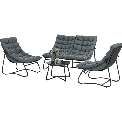 4-Sitzer-Gartenmöbelset mit 8 cm dicken Kissen, Outdoor-Möbel aus grauem Stahl und atmungsaktivem Textilene