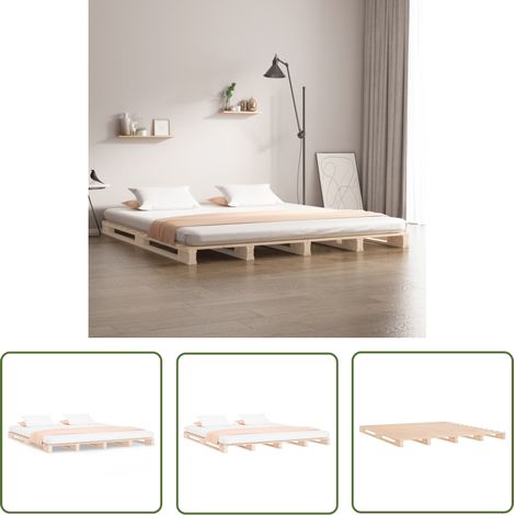 The Living Store Lit de palette 160x200 cm bois de pin massif - Lit Plateforme - Lit Bois - Lit Design - Lit Campagne - Lit Double (1/5)