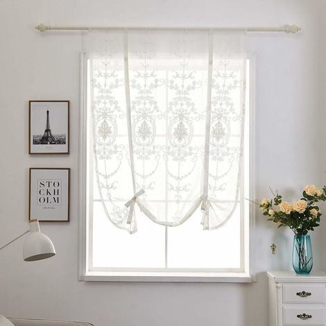 Rideau Voilage Blanc 100x120cm, Brise Bise Broderie Fleurie Semi-Transparente en Polyester, Rideau 1 Pièce Longeur Ajustable, Rideau Court Décoratif pour de Petites Fenêtres (1/5)