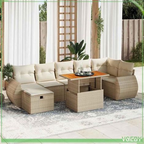 Salon de jardin - 3328066 - Résine tressée beige - Table acacia massif - Rangement sous assise (1/5)