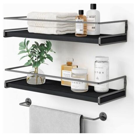 Étagères murales de salle de bain noires Forbena (lot de 2), étagères murales à épices de cuisine, étagères murales suspendues en bois modernes (gris-noir) (1/4)