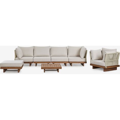 Conjunto de salón con sofá modular 4 piezas de 2 sillones esquineros, mesa de centro, sillón y puff en madera de acacia Dailin SKLUM              (1/5)
