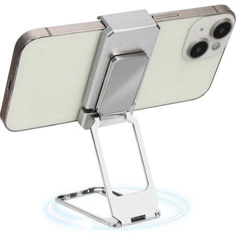 Foldable Phone Holder, New Upgraded Stand with Back Clamp, 360 Degree Rotating Metal Phone Holder, Multi-Angle Foldable Stand for Desk, Silver. (1/5)