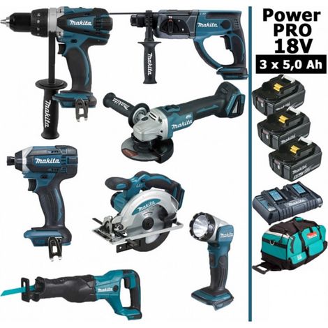 Pack Makita Power PRO 7 outils 18V: DDF458 + DHR202 + DTD152 + DGA504 + DSS610 + DJR186 + DEADML802 + 3 batt 5Ah + sac (1/7)