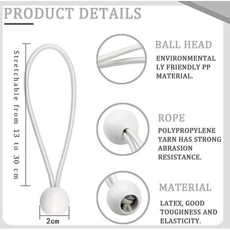 Aougo – Lot de 75 tendeurs élastiques 15,2 cm – Longueur d'expansion 30 cm – Boules en plastique – Résistance aux intempéries pour bâches