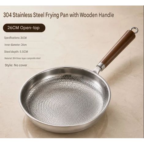 Poêle à frire et wok en acier inoxydable 304 à texture martelée, fond plat sans revêtement avec poignée amovible, ustensile de cuisine domestique portable