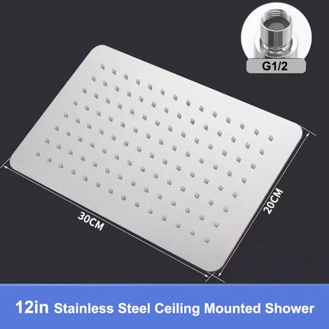 (Plafond argenté SUS) Nouveau pommeau de douche de tête haute pression de 30 cm, grand format, effet pluie, avec amplificateur de débit et rotation à 360° pour une économie d'eau optimale. (1/5)