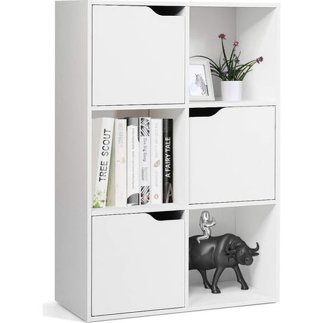 Goplus – Bibliothèque de rangement 6 compartiments 60x29x90cm – 3 portes – Panneaux P2 – Pour salon, bureau, chambre – Couleur blanche (1/4)