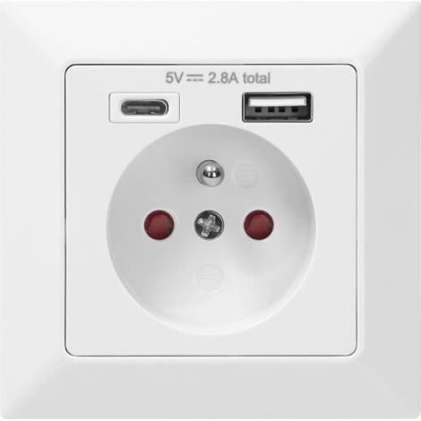 Prise Électrique 2P+Z - USB-A Et USB-C - 16 A - Pour Boîte Standard 60 Mm - Blanc - 1 Pièce (1/4)