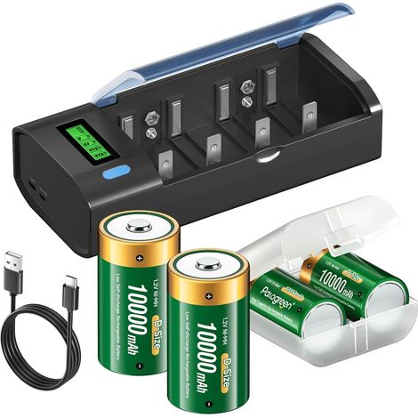 Universel Chargeur de Piles Rechargeable avec D Batterie 10000mAh, LCD Chargeur de Batterie Rapide pour AA/AAA/SC/C/D Piles Rechargeables Ni-MH, avec Fonction de Décharge (1/5)