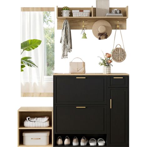 Set Entrée 4 Pièces 139,5×35×166cm – Meuble à Chaussures, Banc, Patère Murale, Miroir, Bois Décor Chêne + Noir