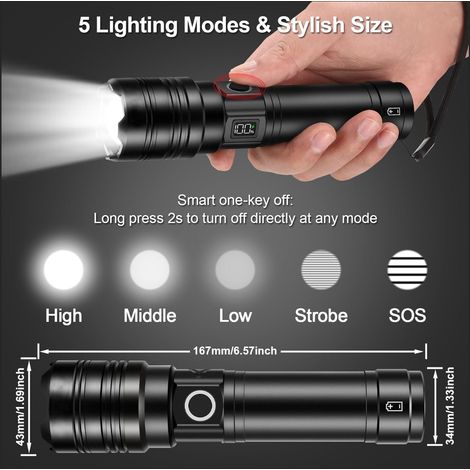 Lampe torche rechargeable 50 000 lumens, longue portée, lampe torche LED USB-C ultra-lumineuse avec longue autonomie, 5 modes, puissante lampe torche zoomable, idéale pour les urgences, la randonnée e (1/4)