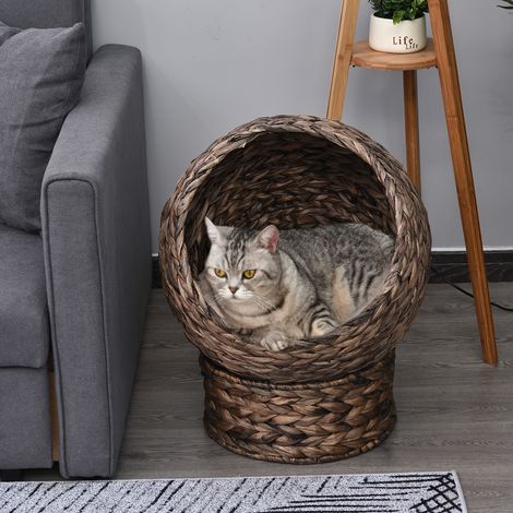 Panier pour chat en jacinthe d'eau avec coussin, lit pour chat ou animal de compagnie, 50 cm x 42 cm x 60 cm, marron et beige