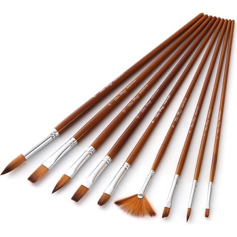 Set mit 9 vielseitigen Profi-Pinseln mit Nylonborsten und Holzgriffen für Acryl-, Öl-, Aquarell- und Gouachefarben. Künstlerbedarf für Erwachsene und Kinder. (1/2)