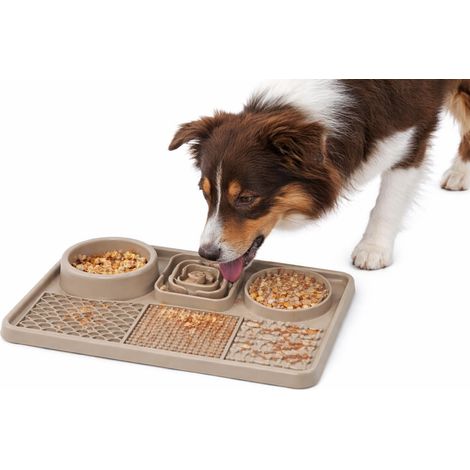 Gamelle Chat – gamelle pour Chien - Tapis de lechage Chien - rectangulaire - Taupe - 30,5x20,5 cm - Silicone - 2 en 1 - avec ventouses (1/5)