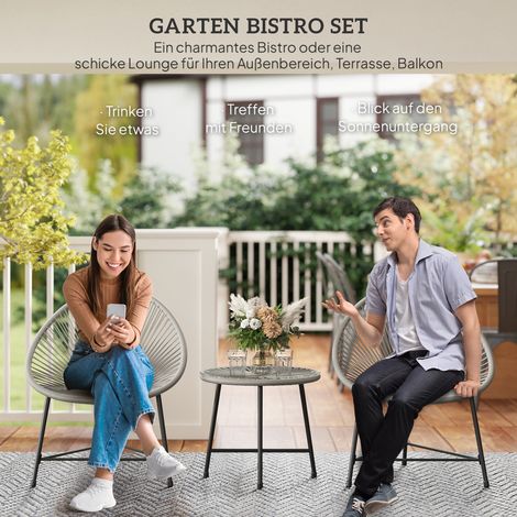 Ensemble mobilier de jardin 3 pièces, 2 fauteuils en résine tressée, 1 table avec dessus en verre et cadre en acier, gris. (1/4)