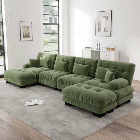 Canapé d'angle modulable, ensemble de canapés en forme de U, adapté au salon, canapé nuage quatre places confortable avec pouf amovible, combinable à faire soi-même, tissu chenille, vert. (1/5)
