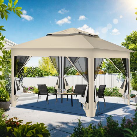 Wolketon Faltpavillon Pop-up 3,3×3,3×2,68 m – Gartenpavillon mit Moskitonetz, UV-Schutz, doppelt belüftetem Dach, inkl. Tragetasche & Sandsäcke, Beige