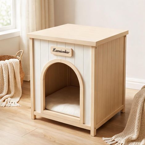 Niche en bois massif FSC avec coussin pour petit chien ou chat (1/5)