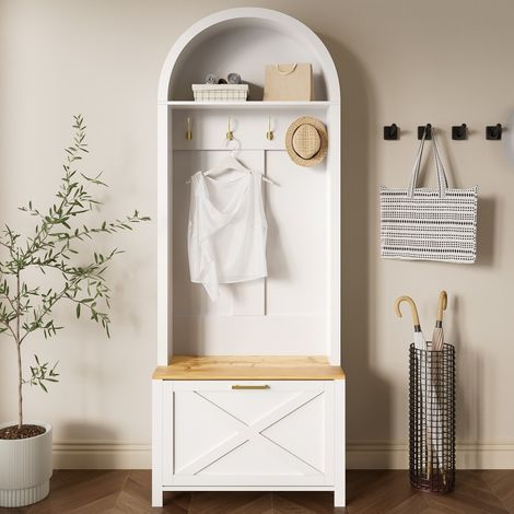 Ensemble d'entrée avec armoire, range-chaussures, étagère et crochets, MDF moderne, pieds fer 75x35x195cm - Bois naturel + Blanc (1/5)