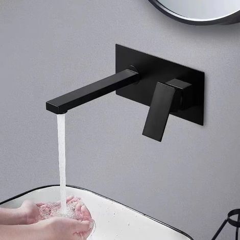 Robinet de Lavabo Encastrable Mural Noir Mat en Laiton - Mitigeur Chaud/Froid Carré Monobloc avec Plaque pour Vasque (1/5)