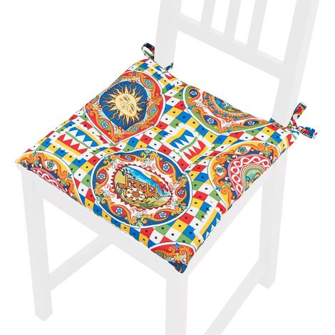 Cuscino Sedia Con Laccetti Mosaico Siciliano Coprisedia Universale Lavabile 100% Made In Italy