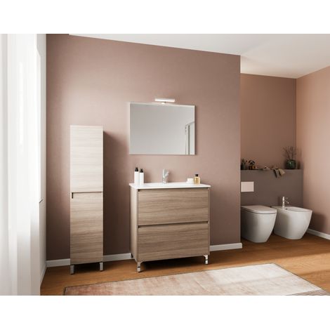 Bodenstehender Badezimmerschrank 80 cm aus geräuchertem Eichenholz mit Waschbecken und Spiegel – Francia - mit Kolonne Spiegel und LED Lampe - Accessorio: Con specchio e lampada LED