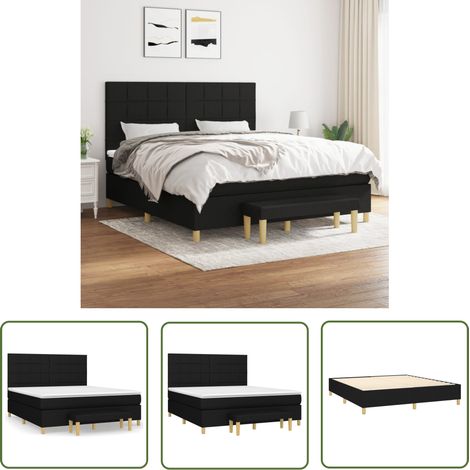 The Living Store Sommier à lattes de lit avec matelas Noir 180x200 cm Tissu - Lit Double - Lit Plateforme - Matelas Ressorts Ensachés - Têtière Ajustable - Banc Rangement (1/5)