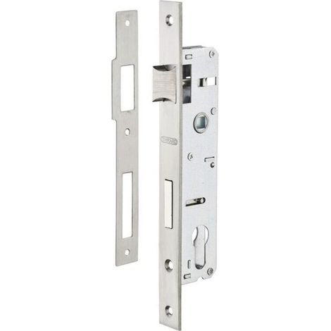 - Boitier de serrure encastrable à cylindre pour menuiserie métallique, axe 25mm, bouts carrés, zingué- (1/2)