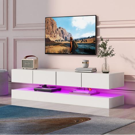 TV Möbel wandmontiert mit 4 Schubladen LED MDF Weiß OKMYHOME (1/5)