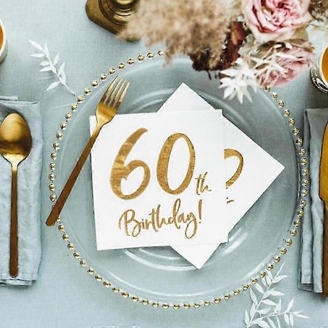 Serviettes en papier blanc pour fêter un 60e anniversaire, paquet de 20 (1/3)