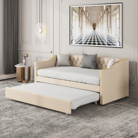 Divano letto estensibile 90/180 x 200 cm, letto imbottito, letto per bambini, divano letto, letto supplementare, rete a doghe, beige, tessuto effetto lino (1/5)