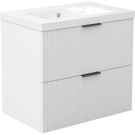 Acezanble 600mm Bathroom Vanity Unit with Ceramic Basin Sink 2 Drawer Wall Hung Black Handles Matt White Bathroom Cabinet Storage Furniture (1/4)