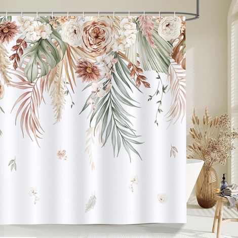 Cortina de ducha estilo boho tropical, 180 x 180 cm, flores/hojas, tejido lavable con 12 ganchos.