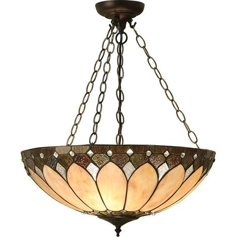 Interiors Brooklyn - Lampada a sospensione a soffitto rovesciato grande a 3 luci bronzo scuro, vetro Tiffany, E27 (1/4)