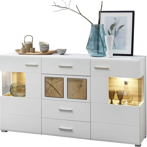 Sideboard weiß Eiche Applikationen FARO-36 mit LED Beleuchtung und Glaseinsätzen,  B/H/T: ca, 170/94/42 cm (1/5)
