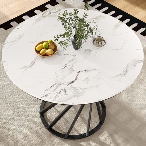 Table de cuisine ronde 80x80x76cm, table de salle à manger pour 4 convives, plateau MDF imitation marbre blanc, piètement métal noir.