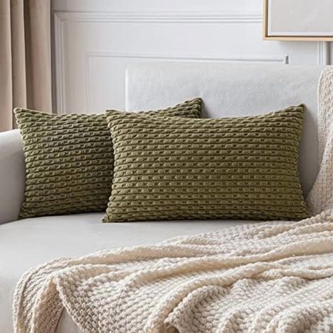 Funda de almohada lumbar de pana a rayas estilo bohemio de 30x50 cm (12x20 pulgadas), color verde oliva – estilo rústico moderno, apta para sofás, camas y bancos (compatible con cojines estándar de 30