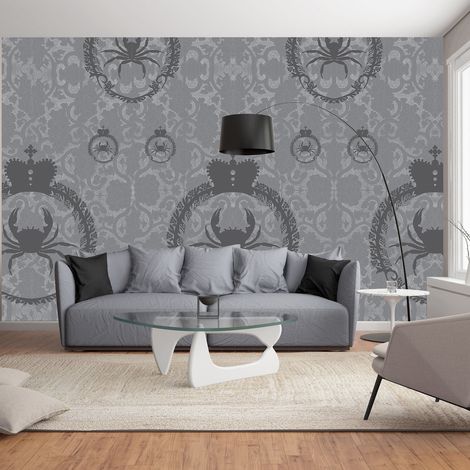 Papier peint intissé Baroque avec pochoir Crabe Tête Blason Couronné, 270 cm X 250 cm, déco originale et unique. (1/3)