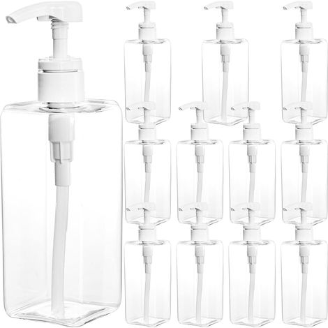 Set di 12 flaconi di plastica vuoti e ricaricabili con pompa per shampoo, lozione, prodotti per la pulizia, cucina, bagno, quadrati trasparenti (1/5)
