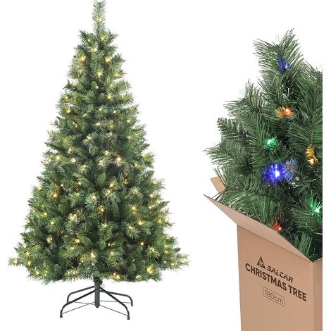 Sapin de Noël Artificiel Lumineux 180cm, Arbre de Noel avec 250 LED, 580 Pointes de Branche, Gants et Pieds de Sapin de Noël en Métal, Lgnifuge, Assemblage Rapide (1/5)
