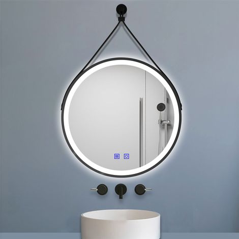 Aica Miroir salle de bain rond LED 70cm tricolore + anti-buée + dimmable + mémoire,avec ceinture en cuir amovible,noir