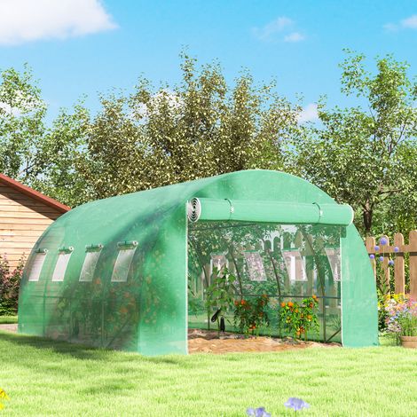 Serre tunnel en PE vert 4x3x2 m, 8 ouvertures, porte enroulable, bords enterrés (1/5)