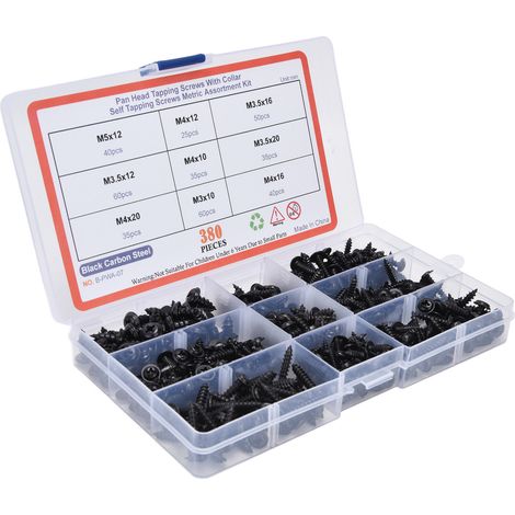 Kit 380 vis autotaraudeuses noires en acier carbone, tête ronde, assortiment de vis à percer, boîte de rangement (1/5)